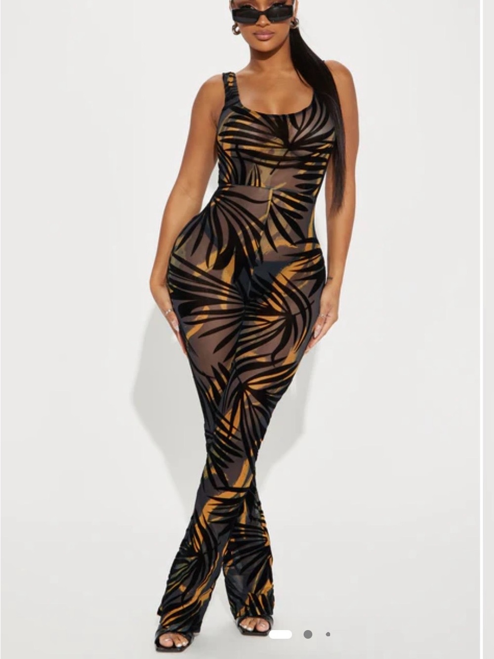 Fashion Nova Black Sheer Mesh Jumpsuit with Gold Leaf Print